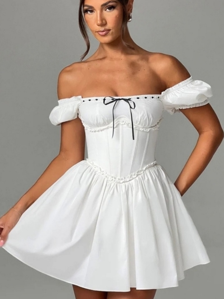 White Puff-Sleeve Mini Dress With Corset Bodice
